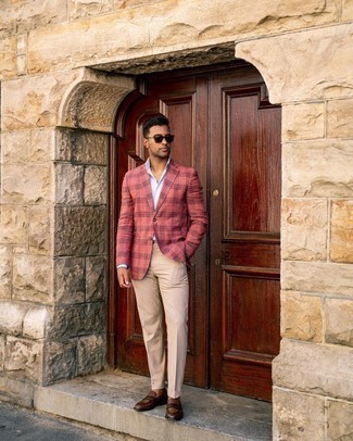 Red and Navy Plaid Blazer Outfits For Men: For an ensemble that's absolutely Kingsman-worthy, dress in a red and navy plaid blazer and beige dress pants. A pair of dark brown leather loafers looks perfect completing your getup.