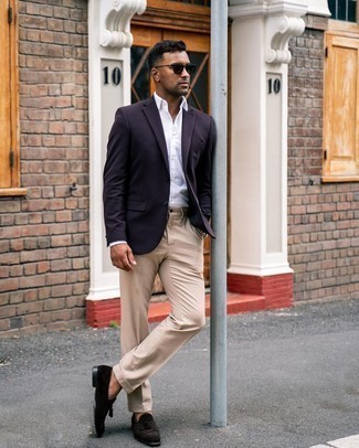 Black Suede Tassel Loafers Outfits: A navy blazer looks especially classy when paired with khaki dress pants in a modern man's outfit. Black suede tassel loafers integrate seamlessly within a variety of getups.