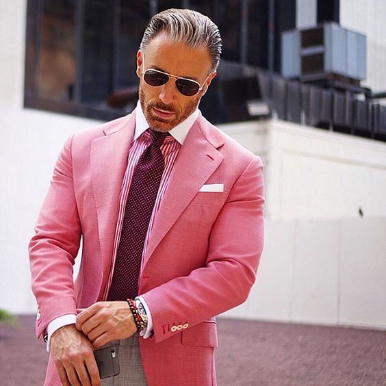 Men's Hot Pink Blazer, Hot Pink Vertical Striped Dress Shirt, Grey Dress  Pants, Burgundy Polka Dot Tie | Lookastic