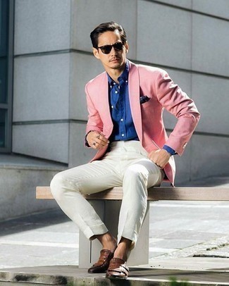 Tobacco Fringe Leather Loafers Outfits For Men: A pink blazer looks so refined when paired with a white dress shirt in a modern man's combo. A pair of tobacco fringe leather loafers acts as the glue that brings this outfit together.