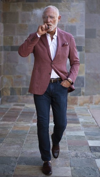 Burgundy Leather Loafers Outfits For Men: Effortlessly blurring the line between dapper and casual, this pairing of a burgundy houndstooth blazer and navy jeans can easily become your go-to. Finish with burgundy leather loafers to upgrade this getup.