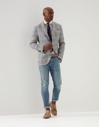 Black Tie Outfits For Men: This combination of a grey plaid blazer and a black tie is a never-failing option when you need to look like a perfect dandy. Introduce tan suede derby shoes to the mix and the whole look will come together wonderfully.