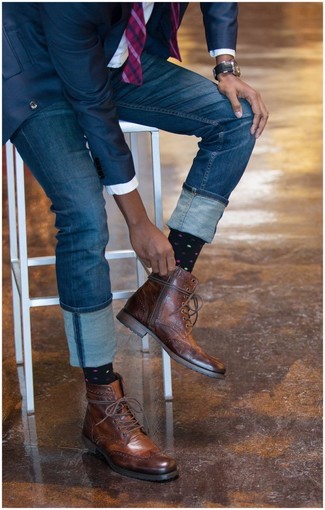 Tobacco Leather Brogue Boots Outfits: A navy blazer and blue jeans worn together are a perfect match. Bring a dose of class to your look by rocking tobacco leather brogue boots.