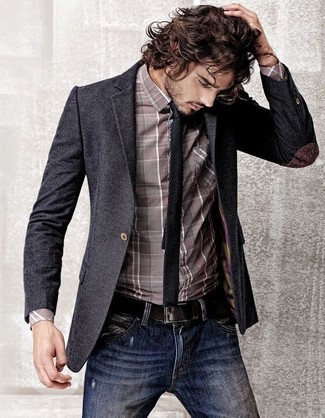 Grey Plaid Dress Shirt Outfits For Men: For something on the smart casual end, you can wear a grey plaid dress shirt and navy jeans.