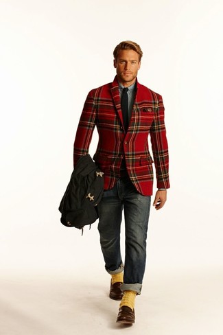Orange Socks Outfits For Men: Marry a red plaid blazer with orange socks to put together a seriously dapper and laid-back ensemble. Clueless about how to finish your outfit? Wear a pair of brown leather loafers to boost the style factor.