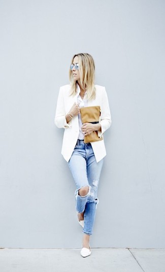 White Leather Loafers Outfits For Women: Pairing a white blazer with light blue ripped jeans is a good choice for a casual but totaly stylish ensemble. Don't know how to finish? Add white leather loafers to the mix to rev up the oomph factor.