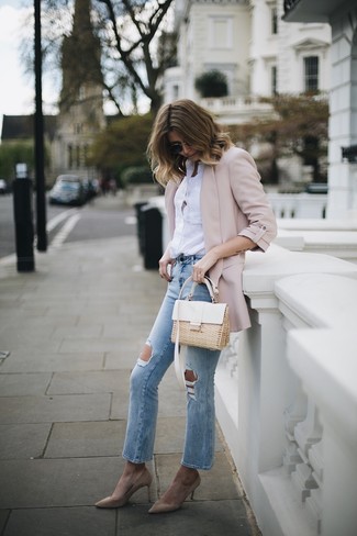 Pink Blazer with Light Blue Ripped Pants Outfits For Women (2 ideas &  outfits)