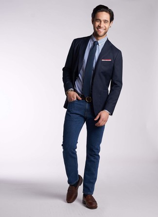 Blue Gingham Dress Shirt Outfits For Men: Reach for a blue gingham dress shirt and navy jeans to pull together a proper and elegant outfit. Up the formality of this ensemble a bit by rounding off with a pair of dark brown leather loafers.