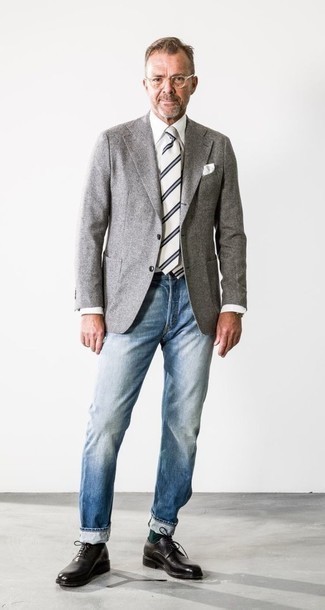 Grey Wool Blazer Outfits For Men: The go-to for effortlessly neat menswear style? A grey wool blazer with light blue jeans. You know how to bring an extra touch of sophistication to this getup: black leather derby shoes.