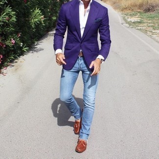 Dark Purple Blazer Outfits For Men: Such must-haves as a dark purple blazer and light blue jeans are the perfect way to introduce a hint of rugged elegance into your current off-duty routine. Finishing off with a pair of brown leather tassel loafers is a simple way to bring some extra classiness to your ensemble.