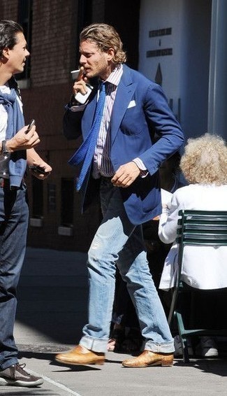 Men's Blue Blazer, White and Red and Navy Vertical Striped Dress Shirt, Light Blue Ripped Jeans, Tobacco Leather Loafers