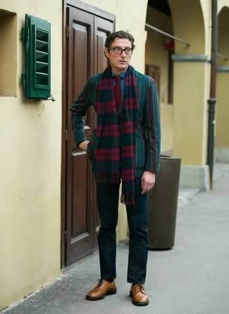 Horizontal Striped Scarf Outfits For Men: A dark green vertical striped blazer and a horizontal striped scarf are a wonderful outfit to have in your current styling lineup. Smarten up this outfit with the help of a pair of tobacco leather derby shoes.
