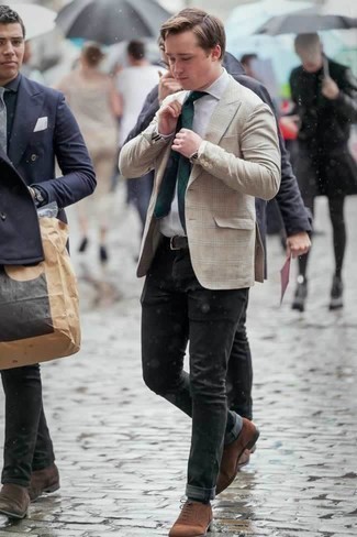 Dark Brown Suede Oxford Shoes Outfits: Pair a beige plaid blazer with charcoal jeans for both on-trend and easy-to-style ensemble. To add a bit of classiness to this look, introduce dark brown suede oxford shoes to your outfit.