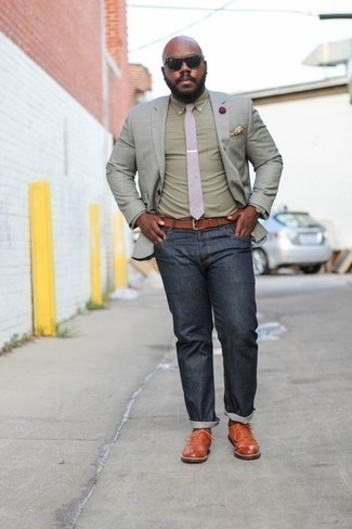 Tobacco Leather Brogues Outfits: A grey blazer looks especially dapper when paired with navy jeans. Finishing off with a pair of tobacco leather brogues is a simple way to give a dose of elegance to your ensemble.