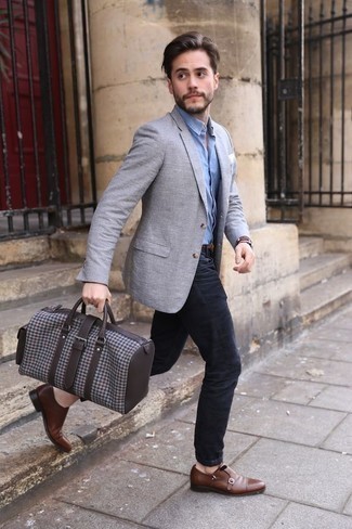 Grey Canvas Holdall Outfits For Men: A grey blazer and a grey canvas holdall are a good combination to have in your casual rotation. Introduce a pair of brown leather double monks to the equation for an instant style lift.