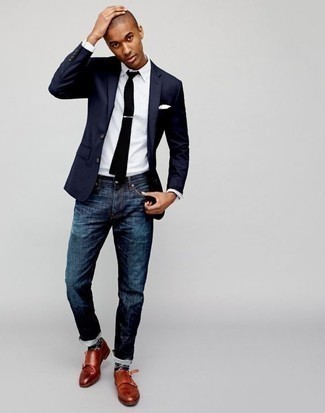 Tobacco Leather Double Monks Outfits: Consider teaming a navy blazer with navy jeans to create an interesting and modern-looking outfit. Make a bit more effort with footwear and complete your look with tobacco leather double monks.