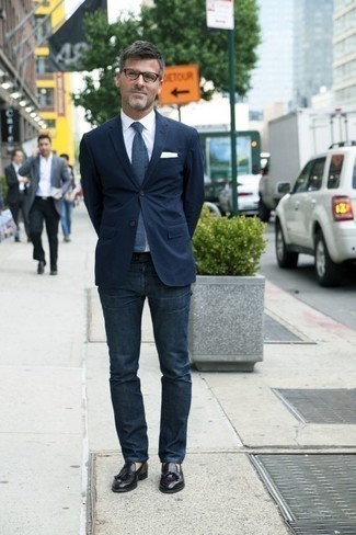 Navy Jeans with Navy Blazer Smart Casual Outfits For Men: A navy blazer and navy jeans are powerful sartorial weapons in any gentleman's collection. If you want to immediately polish off this look with shoes, why not add a pair of black leather tassel loafers to the mix?