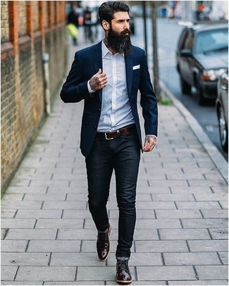 navy blazer and jeans outfit
