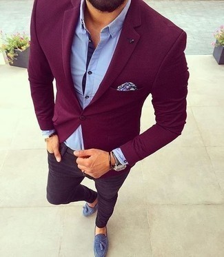 Blue Suede Tassel Loafers Outfits: This pairing of a burgundy blazer and violet jeans will add manly essence to your look. A pair of blue suede tassel loafers easily polishes off any look.
