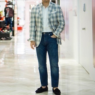 White Plaid Blazer Outfits For Men: Wear a white plaid blazer with navy jeans for an on-trend, off-duty outfit. Feel somewhat uninspired with this getup? Invite black suede tassel loafers to spice things up.