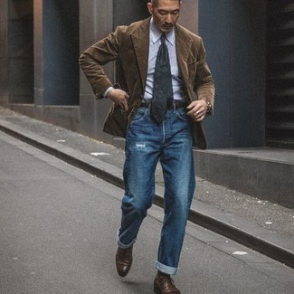 Men's Brown Corduroy Blazer, White and Blue Vertical Striped Dress Shirt, Blue Ripped Jeans, Dark Brown Leather Oxford Shoes