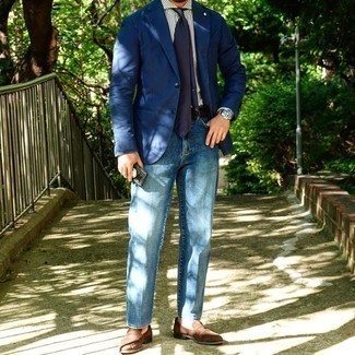 Men's Navy Blazer, White and Black Vertical Striped Dress Shirt, Blue Jeans, Brown Suede Loafers