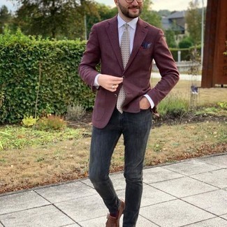 Red and Navy Pocket Square Outfits: Wear a burgundy blazer and a red and navy pocket square for a casual and trendy outfit. To introduce a little zing to this look, complete your ensemble with a pair of brown leather loafers.