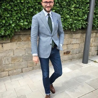 Light Blue Blazer Outfits For Men: Go for a pared down yet sophisticated option by wearing a light blue blazer and navy jeans. To give this ensemble a sleeker aesthetic, add a pair of brown leather oxford shoes to this look.