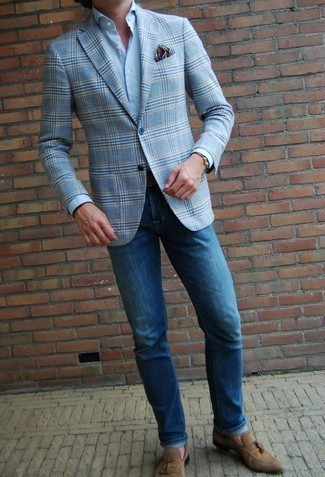 Light Blue Plaid Blazer Outfits For Men: A light blue plaid blazer and blue jeans are among those game-changing menswear elements that can reshape your wardrobe. Inject this getup with a touch of polish with a pair of tan suede tassel loafers.
