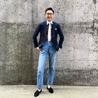 Navy Suede Tassel Loafers Outfits: For a classic and casual outfit, marry a navy blazer with light blue jeans — these two items go pretty good together. For a classier take, introduce navy suede tassel loafers to the equation.