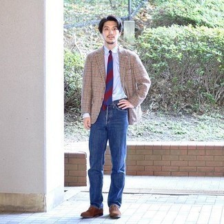 Men's Multi colored Houndstooth Blazer, White Dress Shirt, Blue Jeans, Brown Suede Oxford Shoes