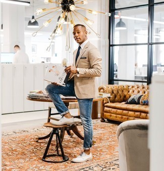 White Canvas Derby Shoes Outfits: Why not wear a tan plaid blazer with blue ripped jeans? As well as super practical, both of these pieces look good when married together. For a sleeker aesthetic, why not complete your getup with a pair of white canvas derby shoes?