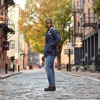 Tobacco Suede Chelsea Boots Outfits For Men: A navy gingham blazer and blue ripped jeans are worth being on your list of menswear must-haves. Add tobacco suede chelsea boots to your look to kick things up to the next level.