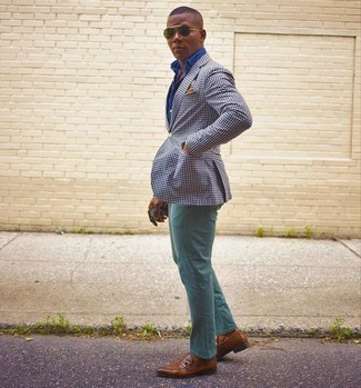 White and Blue Gingham Blazer Outfits For Men: This ensemble with a white and blue gingham blazer and mint jeans isn't a hard one to create and is open to more creative experimentation. To introduce some extra zing to your ensemble, complete this getup with brown leather loafers.