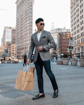 Black Leather Tassel Loafers Outfits: This casual combo of a charcoal plaid blazer and navy jeans can be taken in different directions according to the way you style it out. Power up your ensemble with black leather tassel loafers.