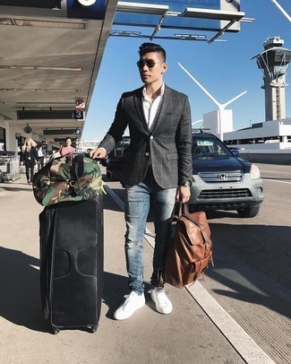 Black Suitcase Outfits For Men: Showcase that you do off-duty like a pro in a charcoal check blazer and a black suitcase. And if you want to effortlessly lift up your outfit with shoes, why not enter white canvas low top sneakers into the equation?