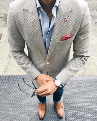 Grey Horizontal Striped Blazer Outfits For Men: For a casual look, wear a grey horizontal striped blazer with navy jeans — these two pieces fit nicely together. Infuse your getup with a sense of sophistication by rounding off with a pair of tobacco leather double monks.
