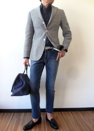 Men's White and Navy Houndstooth Blazer, Navy Dress Shirt, Blue Jeans, Navy Canvas Tote Bag