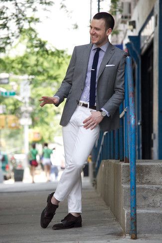Men's Grey Blazer, White and Navy Vertical Striped Dress Shirt, White Jeans, Dark Brown Leather Double Monks