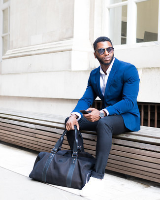 Young Businessman With Beard Wearing Blue Blazer White Shirt Blue Pant  Black Leather Shoes Holding Laptop Computer Standing Against Railing  Outside Office In New York Talking On Cell Phone Stock Photo Picture
