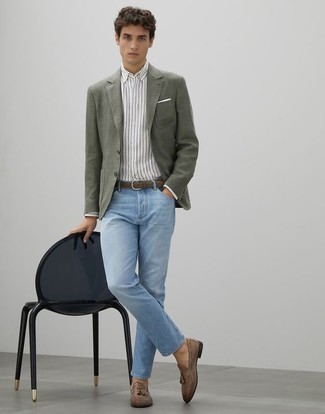 Men's Olive Blazer, White and Black Vertical Striped Dress Shirt, Light Blue Jeans, Brown Leather Tassel Loafers