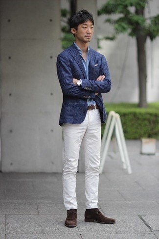 Light Blue Dress Shirt Smart Casual Outfits For Men: Putting together a light blue dress shirt with white jeans is a good idea for a casually classic outfit. Introduce a pair of dark brown suede desert boots to the mix to instantly ramp up the fashion factor of this outfit.