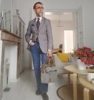 Olive Canvas Briefcase Outfits: A grey horizontal striped blazer and an olive canvas briefcase are the kind of a fail-safe casual ensemble that you need when you have no extra time. To add a bit of zing to your look, introduce a pair of dark brown suede tassel loafers to the equation.