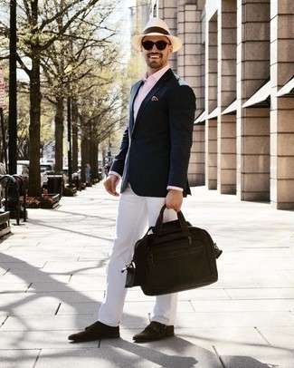 White Straw Hat Outfits For Men: A navy blazer and a white straw hat are a perfect combo to be utilised at the weekend. To give your ensemble a more refined vibe, why not introduce a pair of dark brown suede double monks to the equation?