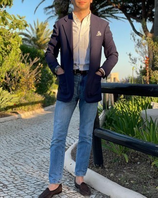 Grey Leather Watch Summer Outfits For Men: If you're looking for a laid-back but also dapper look, pair a navy blazer with a grey leather watch. Dark brown suede loafers will bring a sense of elegance to an otherwise utilitarian outfit. Is there a better idea for a hot summer afternoon?