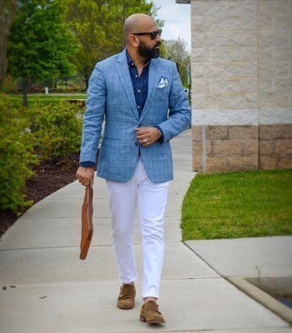 Zip Pouch Outfits For Men: This pairing of a light blue check blazer and a zip pouch is solid proof that a safe casual outfit doesn't have to be boring. And if you want to instantly perk up your ensemble with a pair of shoes, why not introduce brown suede double monks to this getup?