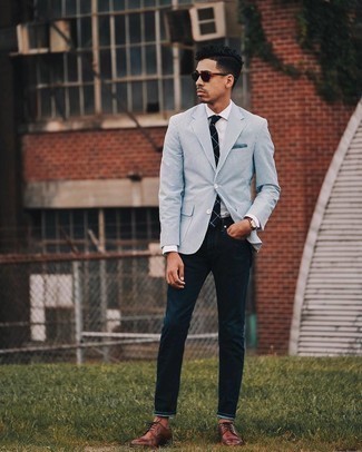 White and Navy Vertical Striped Blazer Outfits For Men: A white and navy vertical striped blazer and navy jeans make for the perfect base for a casually stylish getup. A good pair of dark brown leather brogues is the simplest way to bring a hint of class to your getup.