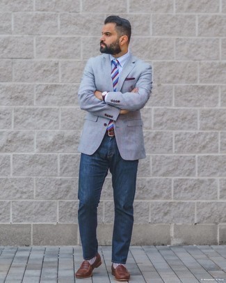 Multi colored Horizontal Striped Tie Outfits For Men: This classy pairing of a grey plaid blazer and a multi colored horizontal striped tie is a favored choice among the dapper chaps. A pair of dark brown leather loafers is a smart option to complete your outfit.