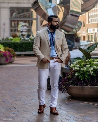 Brown Leather Belt Outfits For Men: This combination of a beige blazer and a brown leather belt is a safe and very stylish bet. To give your outfit a more refined aesthetic, complete this outfit with a pair of dark brown leather chelsea boots.
