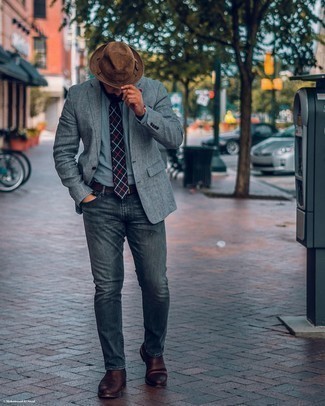 Dark Brown Bucket Hat Outfits For Men: Solid proof that a grey plaid blazer and a dark brown bucket hat look awesome paired together in a contemporary outfit. If you need to immediately perk up your outfit with a pair of shoes, grab a pair of dark brown leather chelsea boots.
